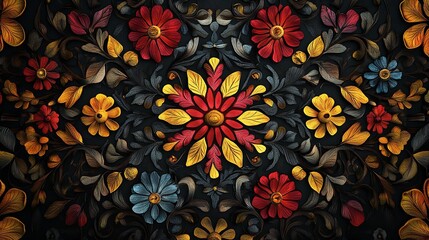 Ornate floral pattern with vibrant red, yellow, and blue flowers on a dark, textured background