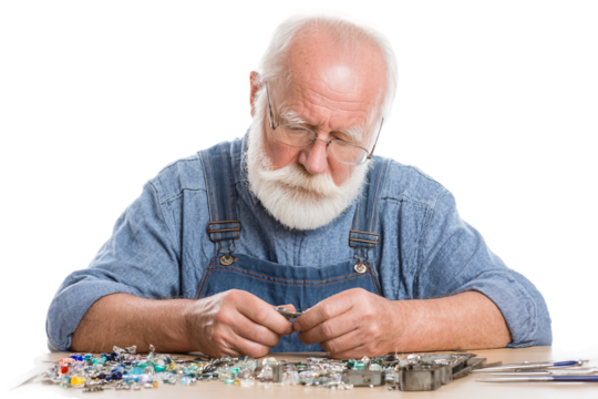 Senior enjoying jewelry making hobby isolated on transparent background - Powered by Adobe