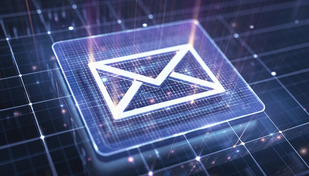 Digital Envelope: An illuminated digital envelope, representing the core of electronic communication and the speed of modern technology.