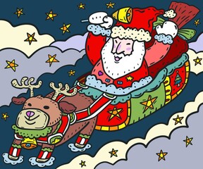 Christmas Santa Claus and reindeer is coming to town doodle color illustration
