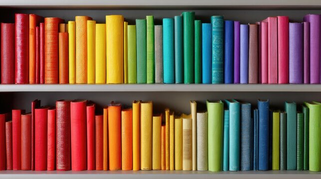 A vibrant collection of books is neatly arranged on a shelf, forming a visually pleasing gradient from red to purple. The cozy space invites readers to explore and enjoy literature.