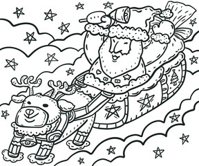 Christmas Santa Claus and reindeer is coming to town doodle sketch illustration