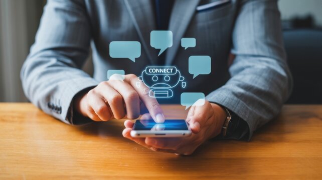 Businessman using a smartphone to connect with an ai chatbot, illustrating digital customer service and modern technology - Powered by Adobe