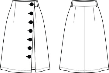 Fashion design technical flat sketch template, A-line midi skirt with oversized front button placket, overlap panel, waistband, belt loops, and back darts.