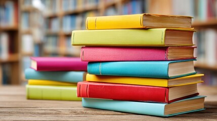 A vibrant stack of books rests on a wooden surface, showcasing various colors. Surrounding shelves filled with more books create a cozy atmosphere in the library setting.