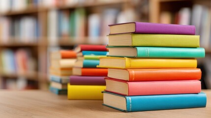 A vibrant stack of books in various colors rests on a wooden table. Shelves filled with more books create a cozy library atmosphere, inviting reading and exploration.