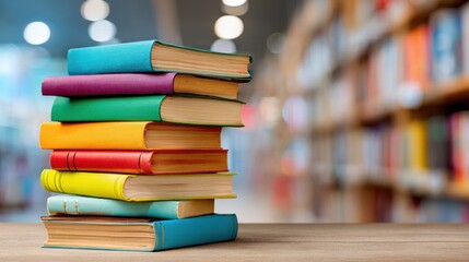A vibrant stack of nine assorted books sits on a wooden surface, with a soft-focus library backdrop. The diverse colors highlight the joy of reading and learning.