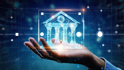 Digital Finance: A representation of a bank floating over a hand, symbolizing the future of banking in the digital age. 