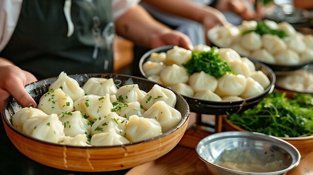 A wooden tray filled with bowls of dumplings topped with fresh herbs and seasoning for serving guests