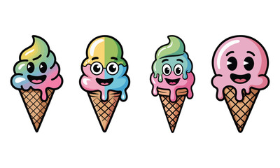 Cute Ice Cream Cone Characters &ndash; Kawaii Dessert Cartoon Set