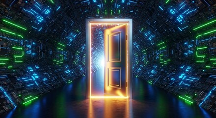 Glowing doorway in a futuristic tunnel with neon lights and reflections