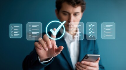 Businessman uses a futuristic interface, selecting a large glowing checkmark icon, symbolizing successful completion or quality control