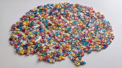 A creative arrangement of vibrant puzzle pieces forms the shape of a brain, resting on a smooth gray background, highlighting imagination and cognitive themes.