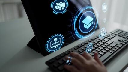 Online education icons show e-learning, online education classes, and digital study. Online education enables global online education access, flexible learning. Funnel - Powered by Adobe