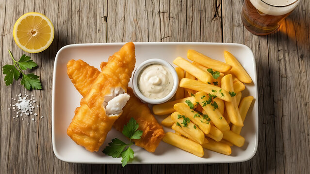 Delicious fried fish and chips meal on a white plate - Powered by Adobe