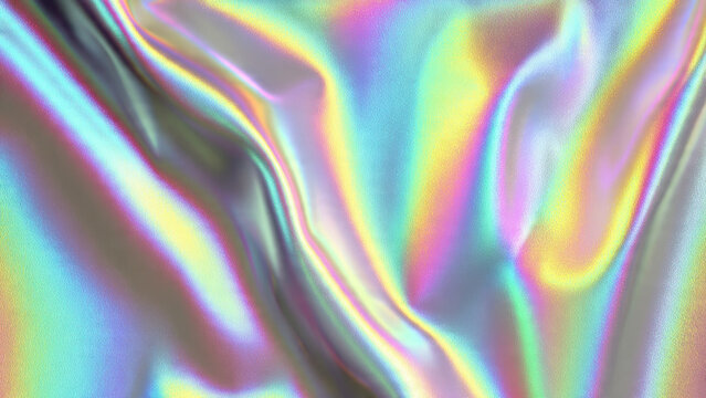 A mesmerizing abstract background featuring shimmering holographic fabric with pastel and iridescent rainbow colors, creating a fluid, futuristic texture.