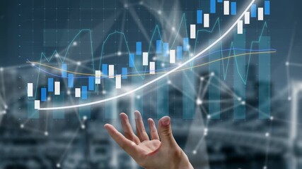 A hand reaches towards a rising financial chart, symbolizing growth and success in business analytics. This image captures the essence of investment and performance metrics. Copula - Powered by Adobe