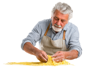 Close-up of senior cutting pasta dough isolated on transparent background