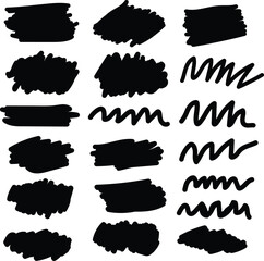 Black paint strokes and scribbles isolated on transparent background