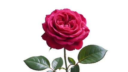 Beautiful red rose blossom with green leaves isolated on transparent background