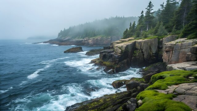 Ocean waves crashing against rocky cliffs on a foggy day near a forest landscape view outdoors