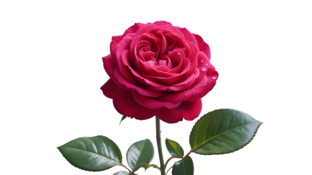 Beautiful red rose blossom with green leaves isolated on transparent background