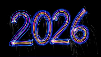 Vibrant 2026 glows with neon light trails and dazzling sparklers on black background, perfect for New Years or futuristic themes