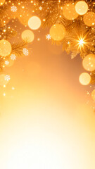 Golden Christmas Background With Fir Branches, Snowflakes And Warm Bokeh Lights, Festive Winter Scene With Large Copy Space, For Holiday Marketing, Cards, Posters And Seasonal Promotions