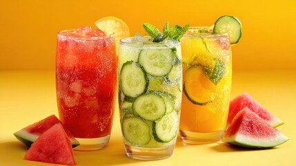 Three tall glasses filled with refreshing drinks sit on a vibrant yellow surface. The drinks showcase slices of cucumber, watermelon, and bright citrus, inviting a refreshing experience.