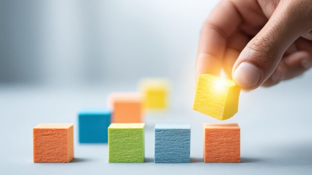 A hand is lifting a yellow wooden block to place it carefully atop a vibrant stack of cubes. The background features soft lighting that emphasizes creativity and focus in the workspace.