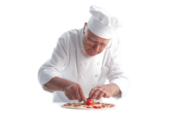 Senior sprinkling cheese on pizza isolated on transparent background