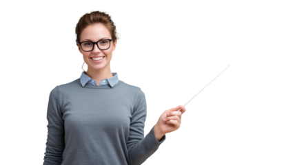 Smiling young adult woman in glasses holding a pointer stick, confidently presenting or teaching.