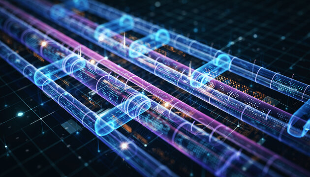 Futuristic Network: Abstract rendering of a sophisticated digital network, illuminated with an alluring glow. - Powered by Adobe