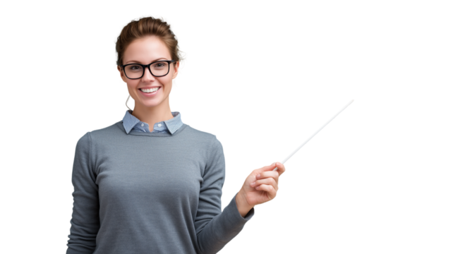 Smiling young adult woman in glasses holding a pointer stick, confidently presenting or teaching.