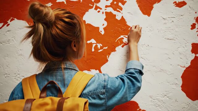 Young woman planning world adventures with backpack, inspired by global exploration