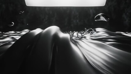 Two people stand on a surfboard floating on serene waters, surrounded by a surreal setting featuring two beds, a large screen TV, and a spotlight shining across the waters surface.