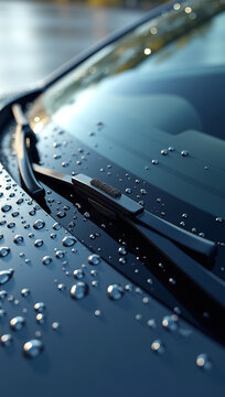 A close-up of the hood of a dark car, shot from above, showing raindrops covering the surface and a single windshield wiper blade resting on the glass.