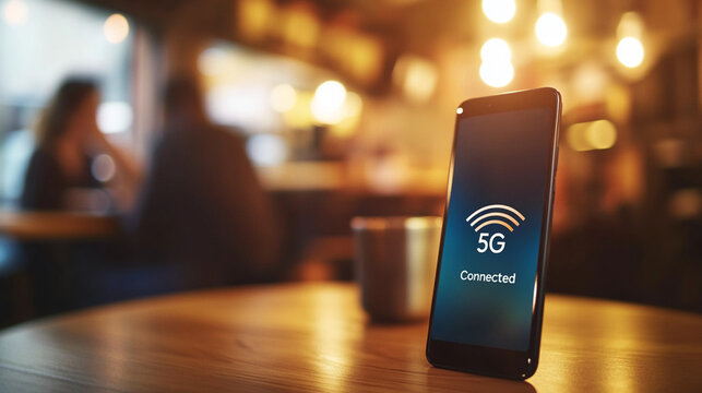 Smartphone displaying 5G connectivity in a cozy cafe setting  