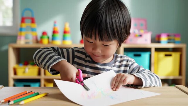 Focused young boy crafting art with scissors at a wooden table in bright playroom