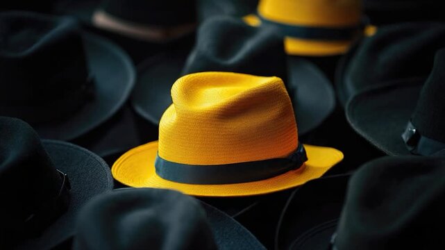 Video A stack of colorful hats, featuring alternating black and yellow colors