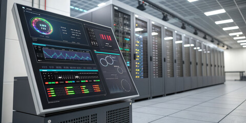 High tech server room data center network infrastructure control panel dashboard monitoring analytics cybersecurity cloud computing digital twin