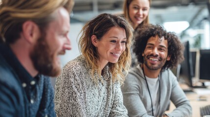 Obraz premium Group of colleagues shares ideas in a vibrant office. Laughter and smiles fill the space as they collaborate on a project, fostering teamwork and creativity.