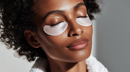 A woman enjoys a moment of tranquility while wearing under-eye patches. She is in a serene setting, likely a spa, promoting relaxation and skincare. Her skin appears radiant and well-cared for.