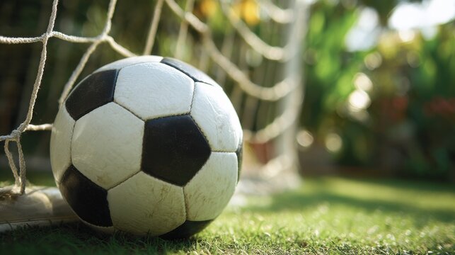A black and white soccer ball is positioned near the net of a soccer goal on a vibrant green field. The background features lush foliage under a clear blue sky.