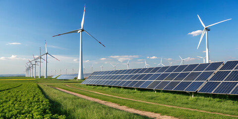 Wind turbine solar panel renewable energy clean power blue sky green field wind farm solar farm sustainable electricity generation photovoltaic turbine panel countryside horizon sunny clouds