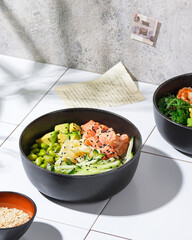 Healthy city lunch, Nourishing salad with tofu and fresh vegetables