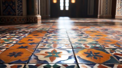 Colorful patterned tiles on a floor in an old building, with a blurred background of a hallway