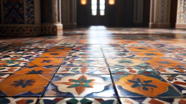 Colorful patterned tiles on a floor in an old building, with a blurred background of a hallway
