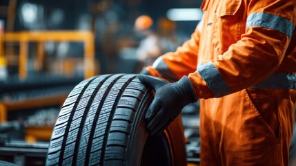 A person in an orange jumpsuit and gloves expertly holds a tire in a vibrant manufacturing facility filled with machinery and workers. The environment emphasizes safety and efficiency.