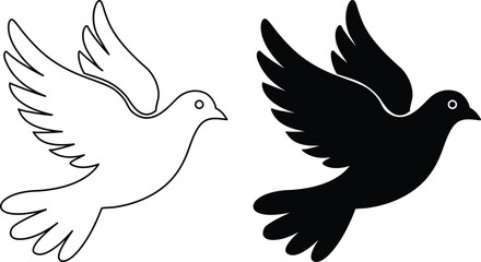 Flying dove presented in two styles a solid black silhouette and a simple white outline